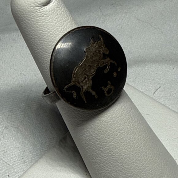 Vintage Taurus Sterling Zodiac Sign Ring Black Brass Engraved Bull Astrology Jew - Picture 10 of 13